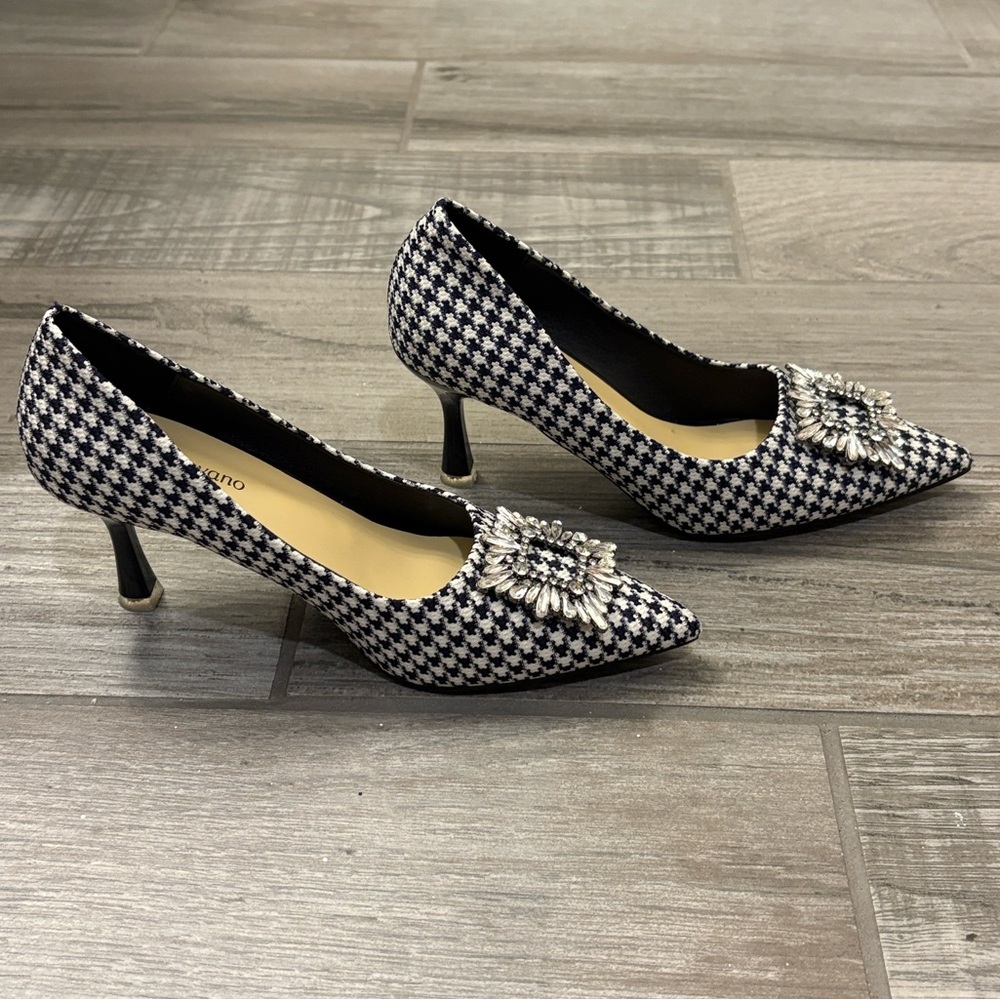 C. Paravano Navy and White Houndstooth Heels